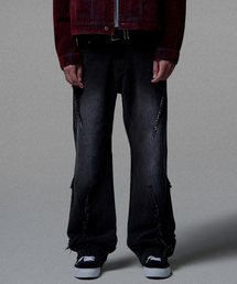 Cut Off Incision Semi Flare Fit Denim Pants - Black