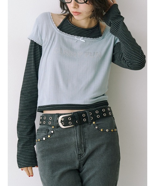 jouetie(ジュエティ)の「レイヤードライクホルターネックトップス ボーダー レオパード(Tシャツ/カットソー・レディース・ブラック/ブルー/オフホワイト・MEDIUM)」の1枚目の写真