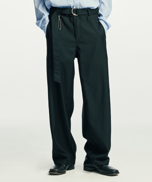ベルト付きピンワイドスラックスブラック