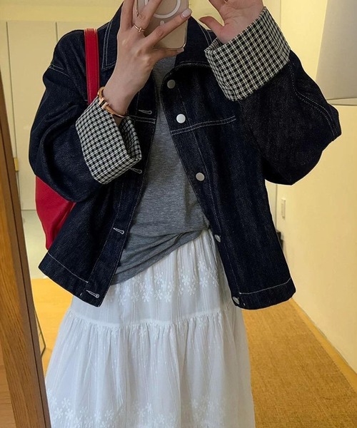 meJane（ミージェーン）の「チェック柄 袖折り返しデニムジャケット（デニムジャケット・レディース・インディゴブルー・FREE）」の5枚目の写真