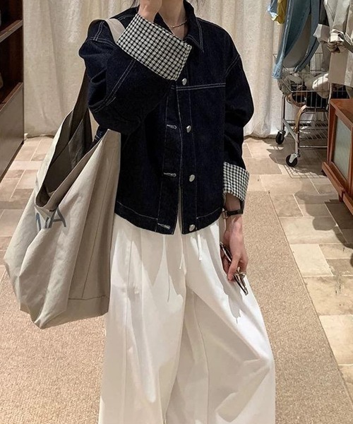 meJane（ミージェーン）の「チェック柄 袖折り返しデニムジャケット（デニムジャケット・レディース・インディゴブルー・FREE）」の2枚目の写真