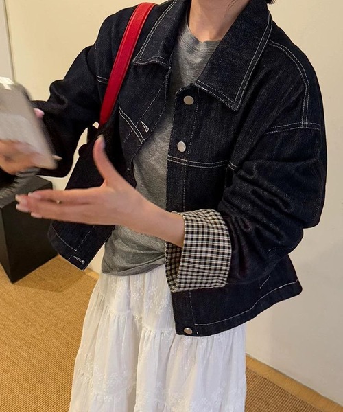 meJane（ミージェーン）の「チェック柄 袖折り返しデニムジャケット（デニムジャケット・レディース・インディゴブルー・FREE）」の4枚目の写真