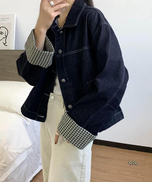 meJane（ミージェーン）の「チェック柄 袖折り返しデニムジャケット（デニムジャケット・レディース・インディゴブルー・FREE）」の3枚目の写真
