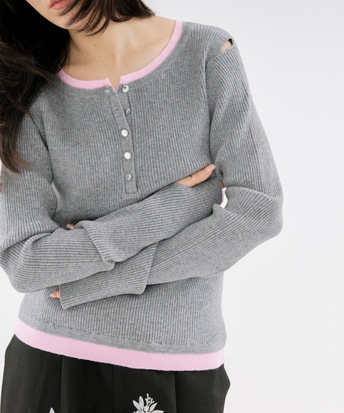 Ezick(エジック)の「layered henry lib knit カットアウトレイヤードデザインヘンリーニット(ニット/セーター・レディース・ブルー/グレー・FREE)」の18枚目の写真