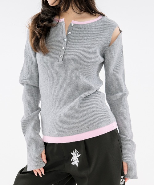 Ezick(エジック)の「layered henry lib knit カットアウトレイヤードデザインヘンリーニット(ニット/セーター・レディース・ブルー/グレー・FREE)」の22枚目の写真