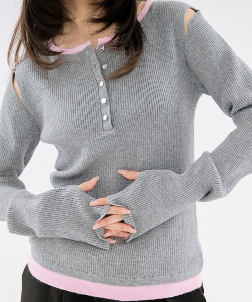 Ezick(エジック)の「layered henry lib knit カットアウトレイヤードデザインヘンリーニット(ニット/セーター・レディース・ブルー/グレー・FREE)」の17枚目の写真