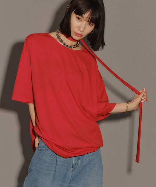 yae（ヤエ）の「Bowtie T-blouse / ボウタイ付きT-ブラウス（シャツ/ブラウス・レディース・レッド/ブラック/グレー・FREE）」の9枚目の写真