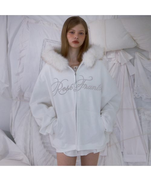 セール】Fur Overfit Lettering Hood Zip-up [Ivory]（パーカー