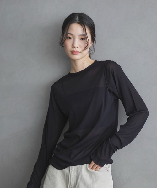 feepur（フェピュール）の「クルーネックシアートップス（Tシャツ/カットソー・レディース・ブラック/オフホワイト・MEDIUM）」の2枚目の写真