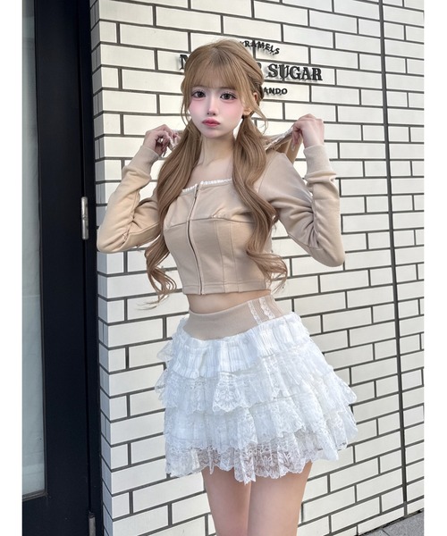 Darich（ダーリッチ）の「レースドッキングスウェットスカートセットアップ（セットアップ・レディース・アイボリー/ベージュ/グレー・FREE）」の3枚目の写真