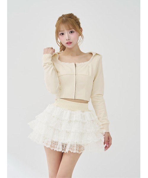 Darich（ダーリッチ）の「レースドッキングスウェットスカートセットアップ（セットアップ・レディース・アイボリー/ベージュ/グレー・FREE）」の2枚目の写真