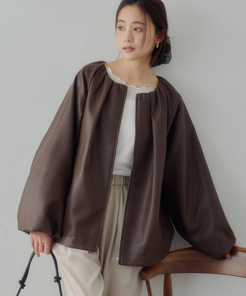 【Noka】ノーカラーギャザーレザーブルゾン新品 Noka】ノーカラーギャザーレザーブルゾン（ブルゾン）｜DISCOAT