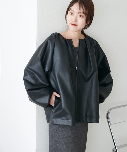 【Noka】ノーカラーギャザーレザーブルゾン新品 Noka】ノーカラーギャザーレザーブルゾン（ブルゾン）｜DISCOAT