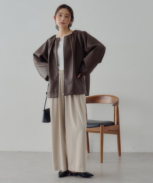 【Noka】ノーカラーギャザーレザーブルゾン新品 Noka】ノーカラーギャザーレザーブルゾン（ブルゾン）｜DISCOAT