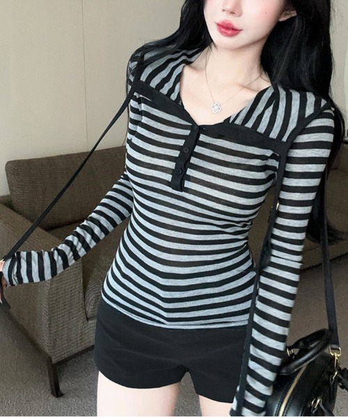 SHEENA(シーナ)の「ボーダーヘンリーネックフーディートップス(Tシャツ/カットソー・レディース・ホワイト×ブラック/ダークグレー・M)」の13枚目の写真