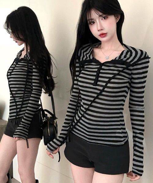 SHEENA(シーナ)の「ボーダーヘンリーネックフーディートップス(Tシャツ/カットソー・レディース・ホワイト×ブラック/ダークグレー・M)」の17枚目の写真