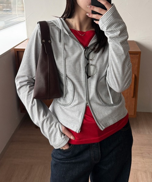 MUHET(ミュエータ)の「zip-up long tee hoodie / ジップアップロンTフーディ(パーカー・レディース・ネイビー/ブラック/オフホワイト/グレー・FREE)」の17枚目の写真