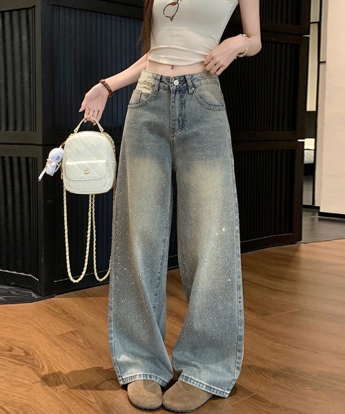 ONEP STAR（ワンピスター）の「ペイント風加工ワイドデニムパンツ（デニムパンツ・レディース・ブルー・LARGE/SMALL/X-LARGE/MEDIUM）」の2枚目の写真