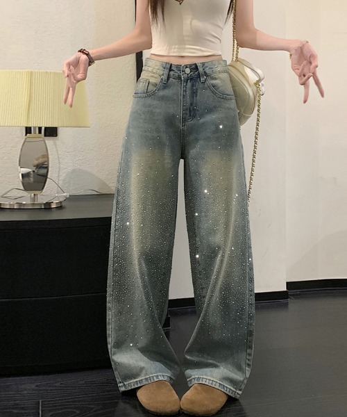 ONEP STAR（ワンピスター）の「ペイント風加工ワイドデニムパンツ（デニムパンツ・レディース・ブルー・LARGE/SMALL/X-LARGE/MEDIUM）」の4枚目の写真