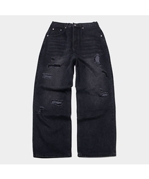 SOMEPLACE MAN（サムプレイス・マン）の「ディストロイドチェック生地パッチウォッシュドワイドデニムパンツ[黒青]（デニムパンツ）」