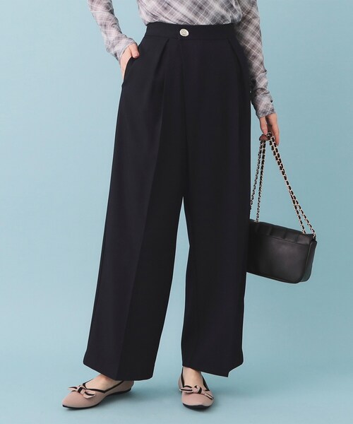 index（インデックス）の「フロントラップ風ハイウエストワイドパンツ【洗濯機OK/ストレッチ/イージーアイロン】（その他パンツ・レディース・ナチュラル/ネイビー/ピンク・36/38/40）」の2枚目の写真