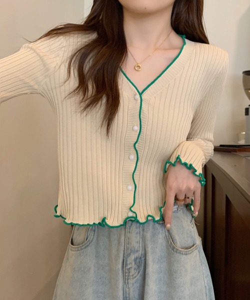 VIBGYOR（ヴィブジョー）の「【EIZZ/アイズ】バイカラー メロウ リブニット カーディガン / 配色パイピング Ｖネック トップス（カーディガン/ボレロ・レディース・アイボリー/ブラック・FREE）」の3枚目の写真