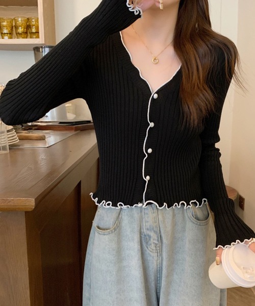 VIBGYOR（ヴィブジョー）の「【EIZZ/アイズ】バイカラー メロウ リブニット カーディガン / 配色パイピング Ｖネック トップス（カーディガン/ボレロ・レディース・アイボリー/ブラック・FREE）」の9枚目の写真