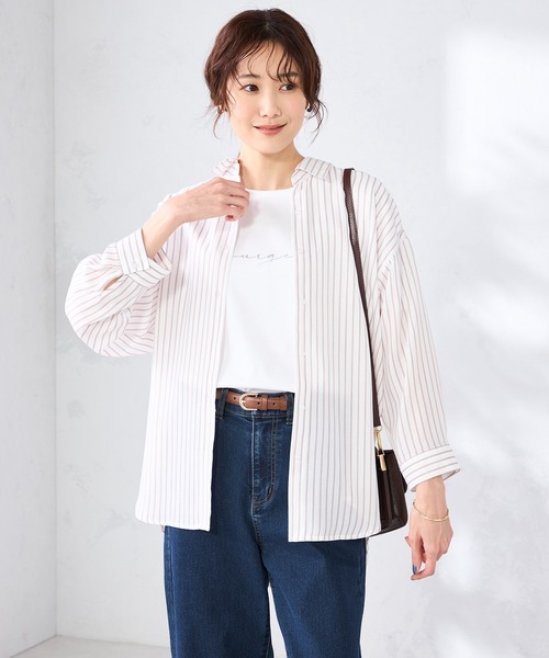 GALLORIA(ギャローリア)の「ストライプ柄バンドカラーシャツ(シャツ/ブラウス・レディース・ブルー/ライトピンク/ネイビー・S/M/LL/L)」の1枚目の写真
