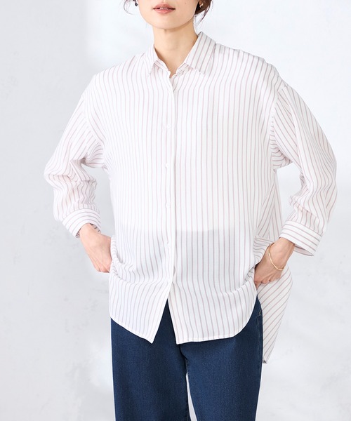 GALLORIA(ギャローリア)の「ストライプ柄バンドカラーシャツ(シャツ/ブラウス・レディース・ブルー/ライトピンク/ネイビー・S/M/LL/L)」の15枚目の写真