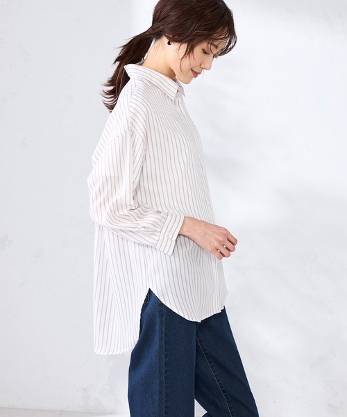 GALLORIA(ギャローリア)の「ストライプ柄バンドカラーシャツ(シャツ/ブラウス・レディース・ブルー/ライトピンク/ネイビー・S/M/LL/L)」の4枚目の写真