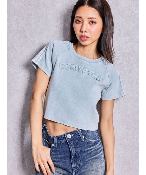 GYDA(ジェイダ)の「GEMYNTAR patchブリーチトップス(Tシャツ/カットソー・レディース・ライトブルー/ブラック・FREE)」の2枚目の写真