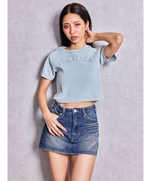GYDA(ジェイダ)の「GEMYNTAR patchブリーチトップス(Tシャツ/カットソー・レディース・ライトブルー/ブラック・FREE)」の9枚目の写真
