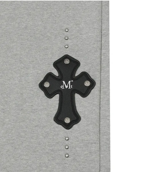 MUCENT（ムセント）の「◇MUCENT◇ブランド直輸入正規品/モエン クロス レザー パッチ スウェットパンツ 男女共用 MOEN CROSS LEATHER PATCH SWEAT PANTS UNISEX（スウェットパンツ・レディース・ブラック/グレー・FREE）」の7枚目の写真