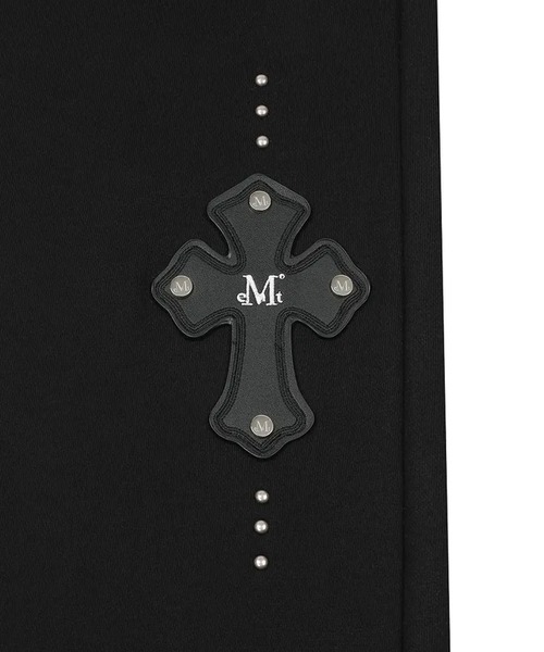 MUCENT（ムセント）の「◇MUCENT◇ブランド直輸入正規品/モエン クロス レザー パッチ スウェットパンツ 男女共用 MOEN CROSS LEATHER PATCH SWEAT PANTS UNISEX（スウェットパンツ・レディース・ブラック/グレー・FREE）」の3枚目の写真