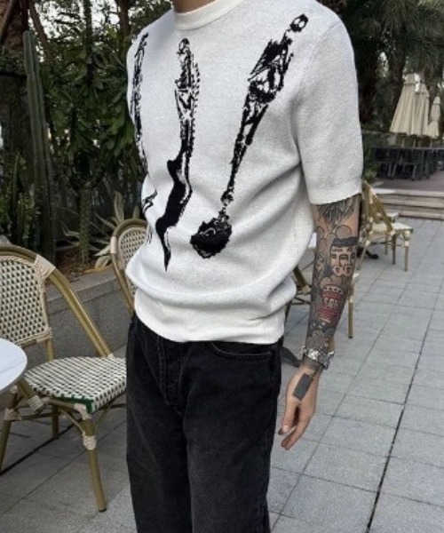 FreeZone(フリーゾーン)の「ジャカードアート柄半袖ニットプルオーバー(Tシャツ/カットソー・メンズ・ブラック/ホワイト・F)」の6枚目の写真