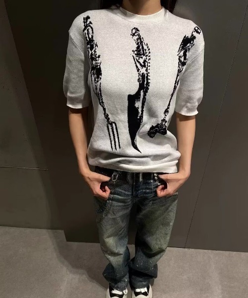 FreeZone(フリーゾーン)の「ジャカードアート柄半袖ニットプルオーバー(Tシャツ/カットソー・メンズ・ブラック/ホワイト・F)」の17枚目の写真