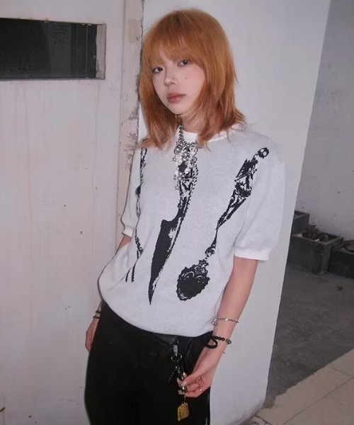FreeZone(フリーゾーン)の「ジャカードアート柄半袖ニットプルオーバー(Tシャツ/カットソー・メンズ・ブラック/ホワイト・F)」の16枚目の写真