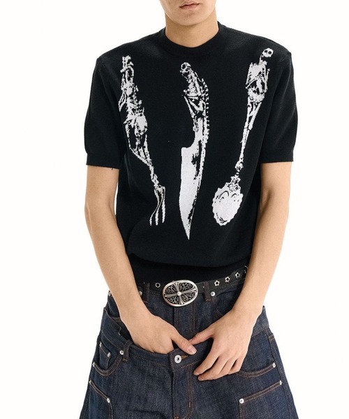 FreeZone(フリーゾーン)の「ジャカードアート柄半袖ニットプルオーバー(Tシャツ/カットソー・メンズ・ブラック/ホワイト・F)」の7枚目の写真