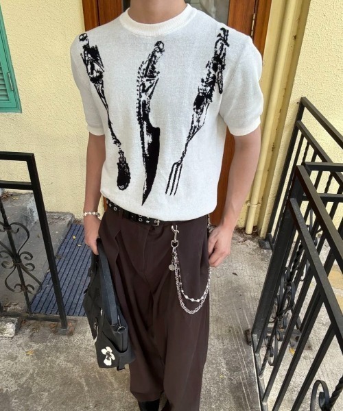 FreeZone(フリーゾーン)の「ジャカードアート柄半袖ニットプルオーバー(Tシャツ/カットソー・メンズ・ブラック/ホワイト・F)」の12枚目の写真