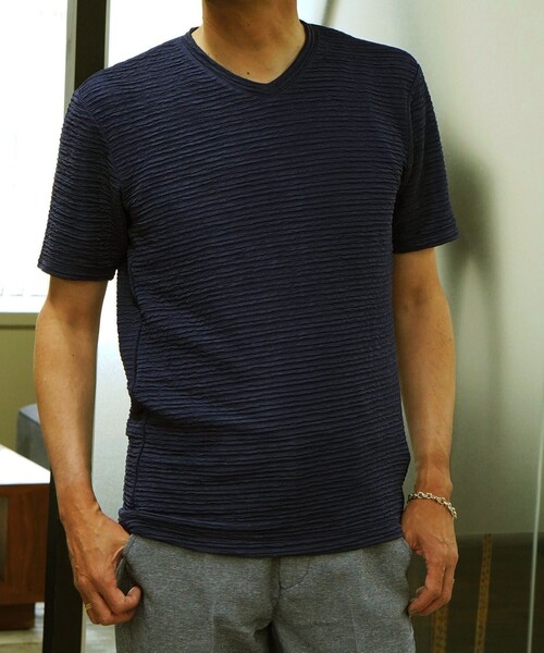 NICOLE selection(ニコルセレクション)の「ブリスタージャカードVネック半袖プルオーバー(Tシャツ/カットソー・メンズ・チャコールグレー/ブラック/ホワイト/アクア/ネイビー・M/L/XL)」の1枚目の写真