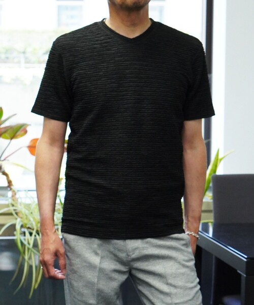 NICOLE selection(ニコルセレクション)の「ブリスタージャカードVネック半袖プルオーバー(Tシャツ/カットソー・メンズ・チャコールグレー/ブラック/ホワイト/アクア/ネイビー・M/L/XL)」の3枚目の写真