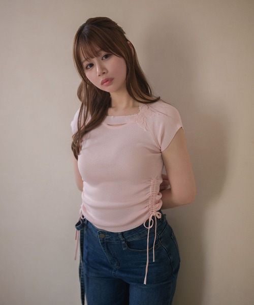 M DOLLY（エムドリー）の「Butterfly iris knit tops/バタフライアイリス ニットトップス（ニット/セーター・レディース・ライトブルー/ミント/ピンク・FREE）」の3枚目の写真