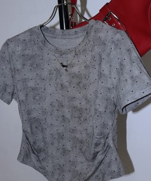 ヴィンテージライク ドット柄 ギャザー 半袖クロップドTシャツ 肩パッド入り