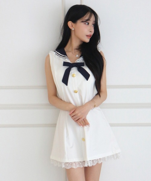 ALLuRing ChaRm(アリュリングチャーム)の「Sailor Lace Ribbon Mini Dress / セーラーレースリボンミニワンピース(ワンピース・レディース・ホワイト/ネイビー・FREE)」の1枚目の写真