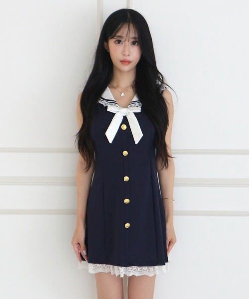 ALLuRing ChaRm(アリュリングチャーム)の「Sailor Lace Ribbon Mini Dress / セーラーレースリボンミニワンピース(ワンピース・レディース・ホワイト/ネイビー・FREE)」の13枚目の写真