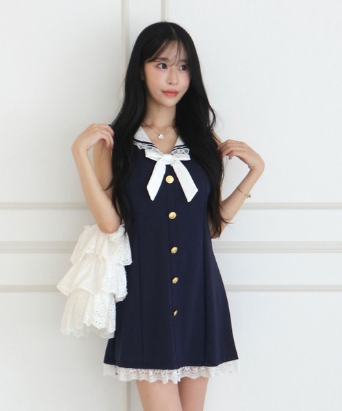 ALLuRing ChaRm(アリュリングチャーム)の「Sailor Lace Ribbon Mini Dress / セーラーレースリボンミニワンピース(ワンピース・レディース・ホワイト/ネイビー・FREE)」の14枚目の写真