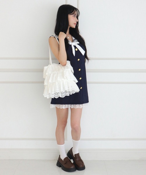 ALLuRing ChaRm(アリュリングチャーム)の「Sailor Lace Ribbon Mini Dress / セーラーレースリボンミニワンピース(ワンピース・レディース・ホワイト/ネイビー・FREE)」の18枚目の写真