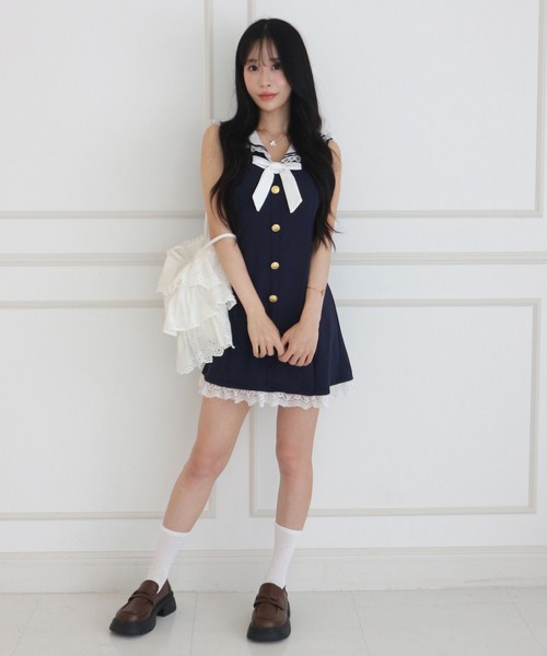 ALLuRing ChaRm(アリュリングチャーム)の「Sailor Lace Ribbon Mini Dress / セーラーレースリボンミニワンピース(ワンピース・レディース・ホワイト/ネイビー・FREE)」の19枚目の写真