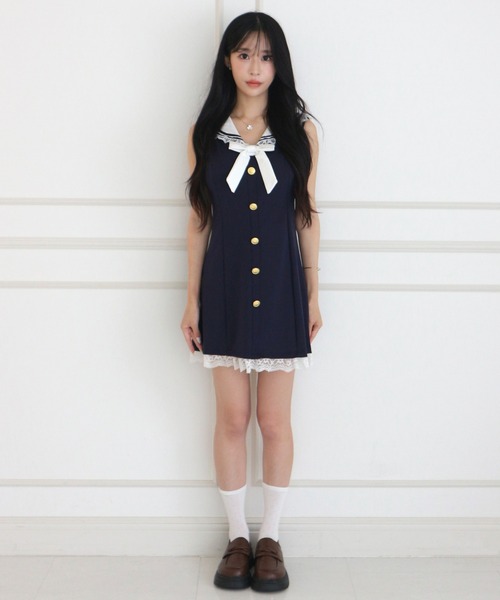ALLuRing ChaRm(アリュリングチャーム)の「Sailor Lace Ribbon Mini Dress / セーラーレースリボンミニワンピース(ワンピース・レディース・ホワイト/ネイビー・FREE)」の16枚目の写真