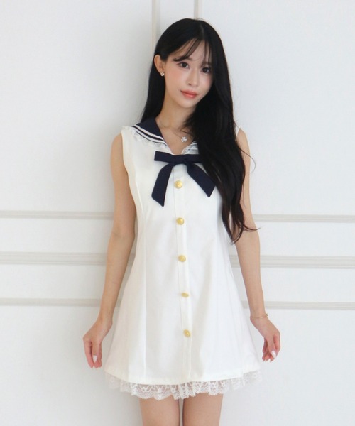 ALLuRing ChaRm(アリュリングチャーム)の「Sailor Lace Ribbon Mini Dress / セーラーレースリボンミニワンピース(ワンピース・レディース・ホワイト/ネイビー・FREE)」の3枚目の写真